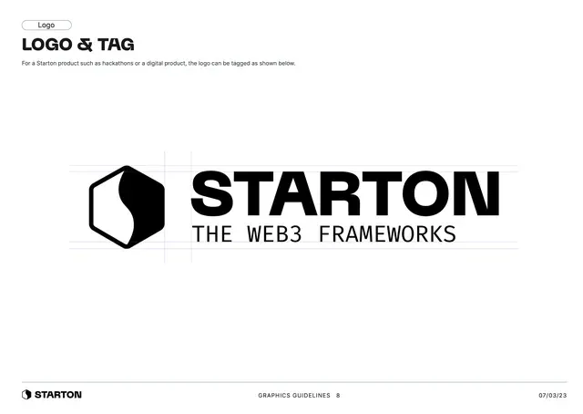 Charte graphique de Starton, en cinq pages : le logo et sa signature « The web3 frameworks », l'échelle typographique, l'affiche d'une Pizza Dev Night, le visuel d'une soirée Beer & Web3 et des icônes isométriques, sur fond clair et sur fond sombre.
