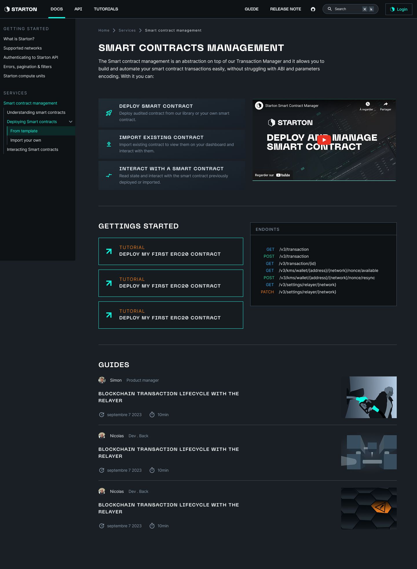 Documentation de Starton, page Smart contracts management : déployer, importer ou interagir avec un smart contract, une vidéo, trois tutoriels pour démarrer, les endpoints de l'API, puis des guides signés par l'équipe.