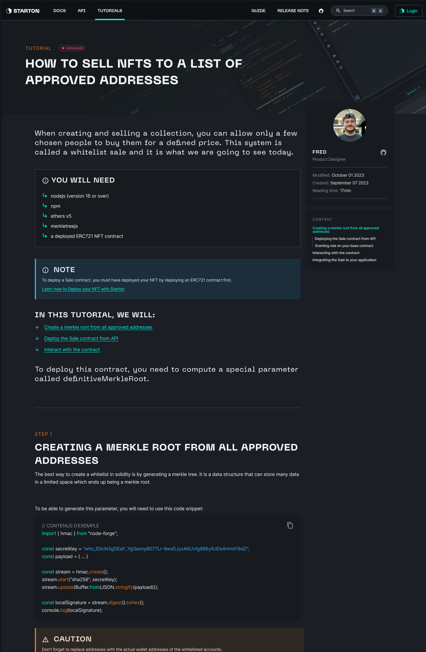 Tutoriel avancé de la documentation, « How to sell NFTs to a list of approved addresses » : les prérequis, une note, les étapes et un extrait de code, avec à côté son auteur, Fred, product designer, et le sommaire.