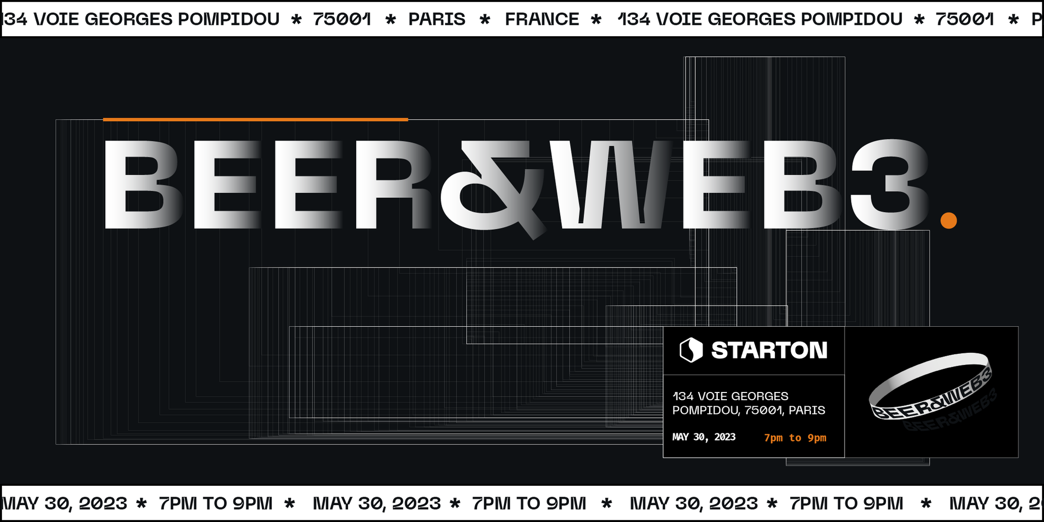 Visuel de la soirée Beer & Web3 de Starton, le 30 mai 2023 de 19 h à 21 h, 134 voie Georges Pompidou à Paris : le titre en grandes capitales et un bracelet aux couleurs de la soirée.