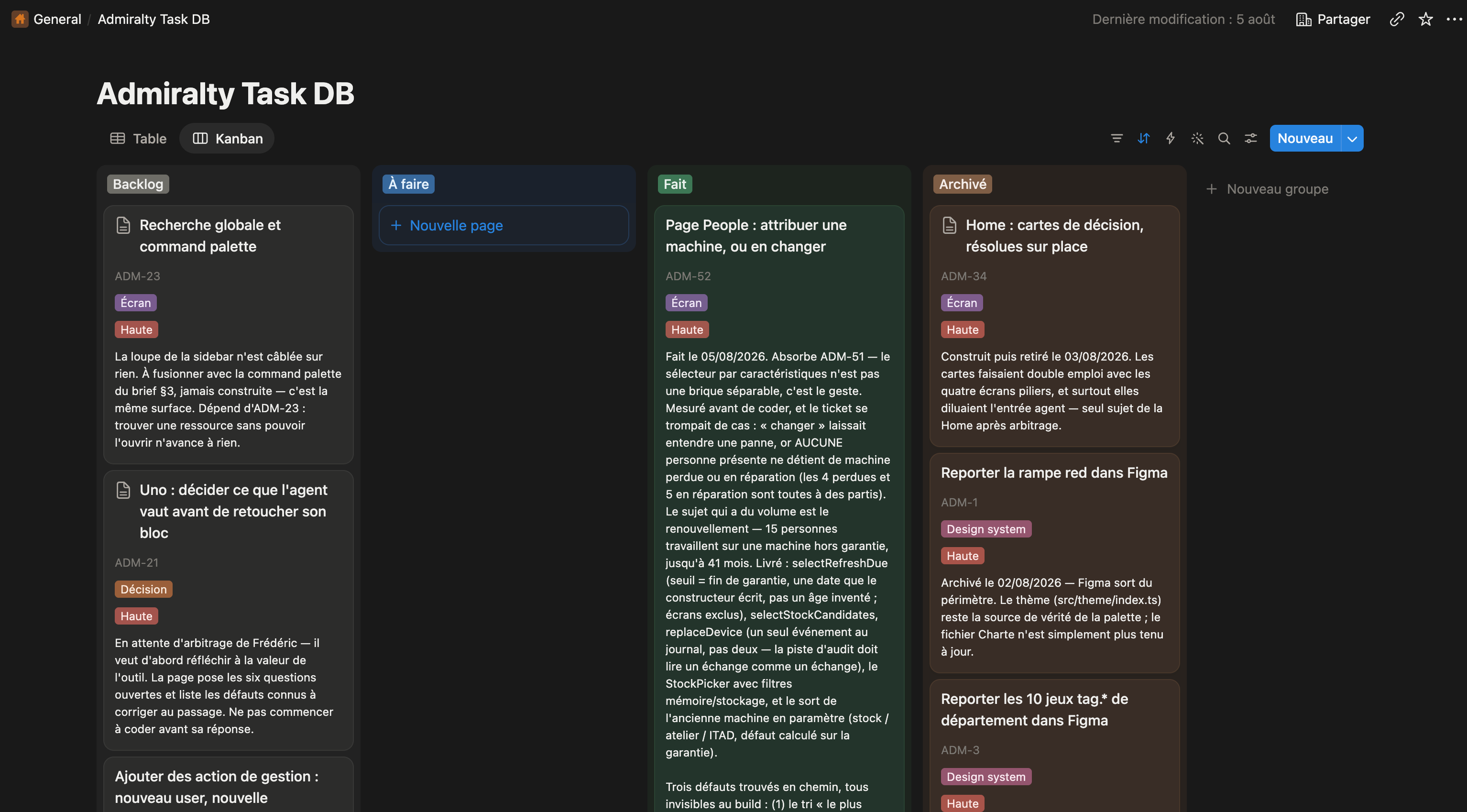 Base Notion « Admiralty Task DB » en kanban : colonnes Backlog, À faire, Fait et Archivé, chaque carte avec son identifiant, son type et sa priorité.