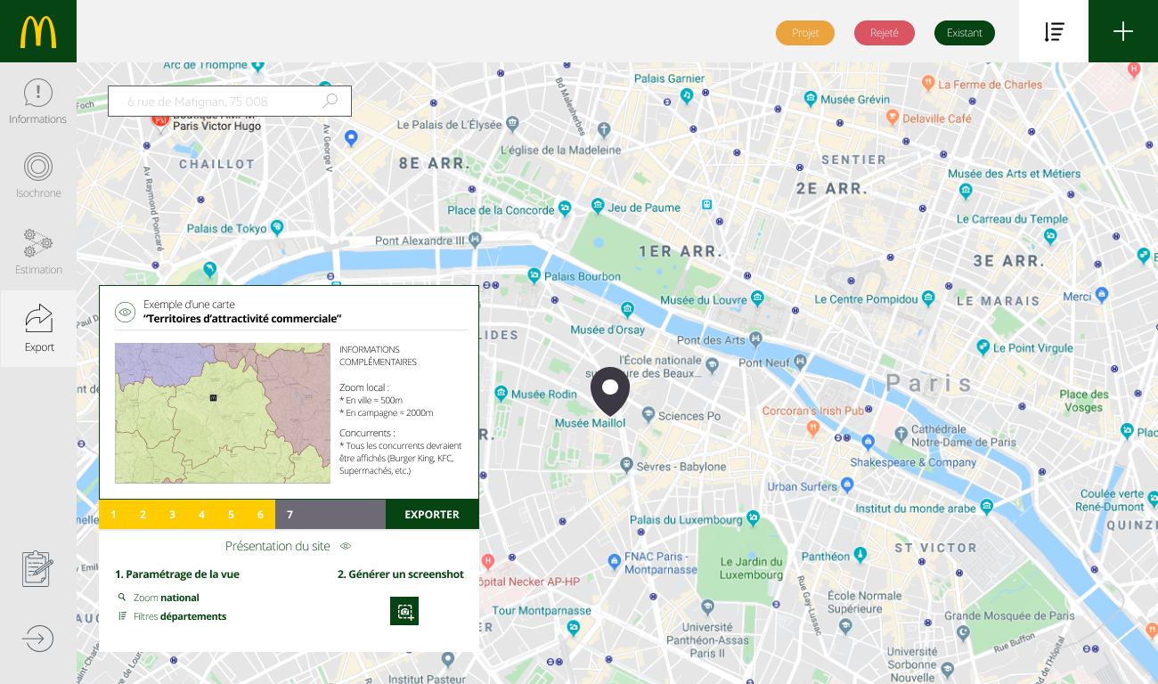 Même outil, volet Export : sur la carte de Paris, l'aperçu d'une carte « Territoires d'attractivité commerciale » à exporter, avec ses réglages de zoom et ses concurrents (Burger King, KFC, supermarchés).