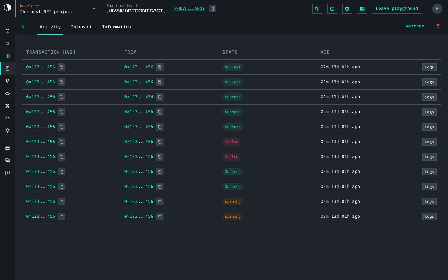 Plateforme Starton, activité d'un smart contract dans un projet NFT : la liste des transactions, chacune avec son hash, son émetteur, son état (réussie, échouée ou en alerte), son ancienneté et ses logs.