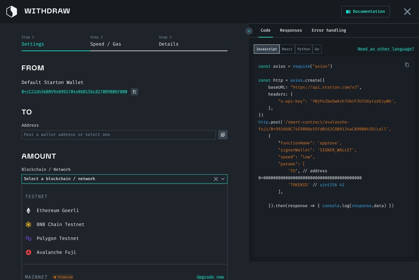 Fenêtre Withdraw en trois étapes : le wallet d'origine, l'adresse de destination et le choix de la blockchain, testnets et mainnets. À côté, le code de l'appel à l'API, en JavaScript, React, Python ou Go.